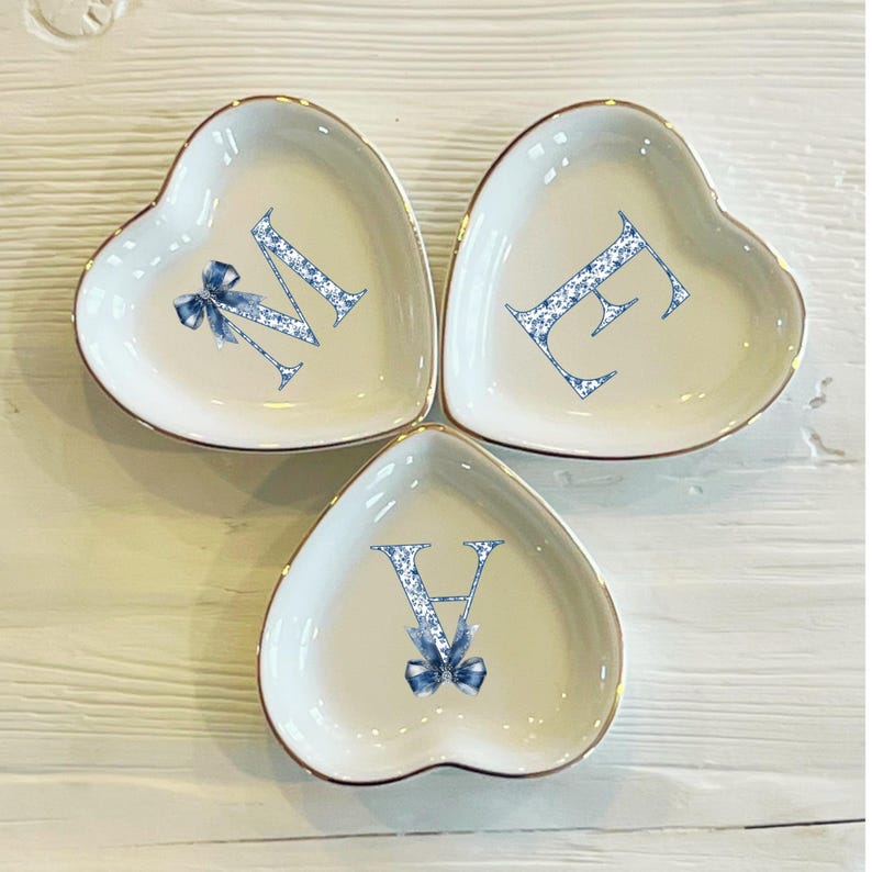 Personalized Blue Toile Initial Ring Trinket Dish | Blue Bow Toile Ring Dish | Girly Jewelry Dish | Gift for Her