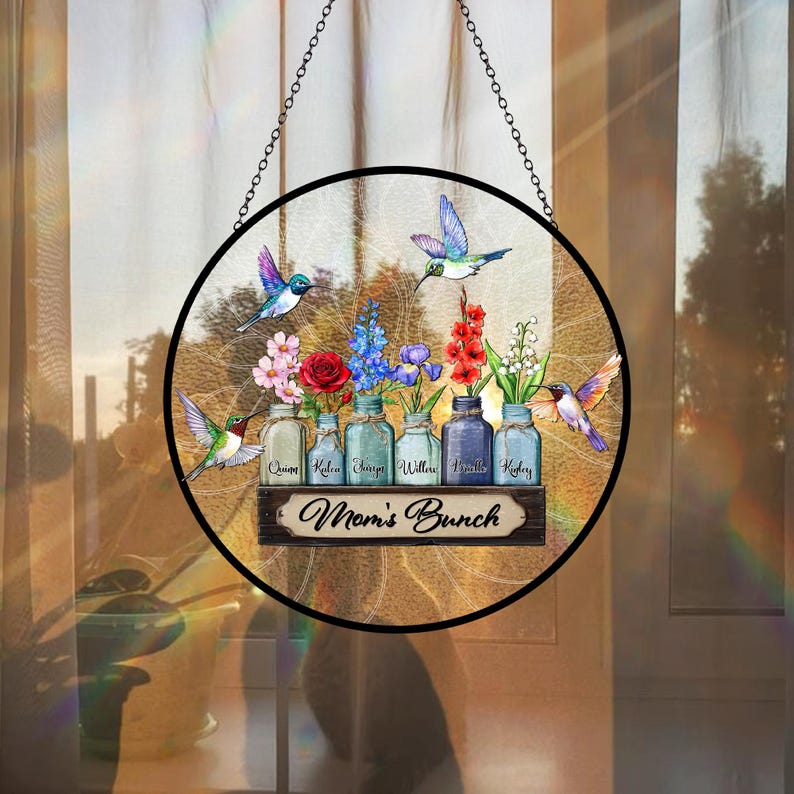 Personalized Mother's Day Suncatcher, Custom Birth Flower, Mom s Bunch Gift, Mason Jar Window Hanging, Mother's Day Gift, Nana's Blessings