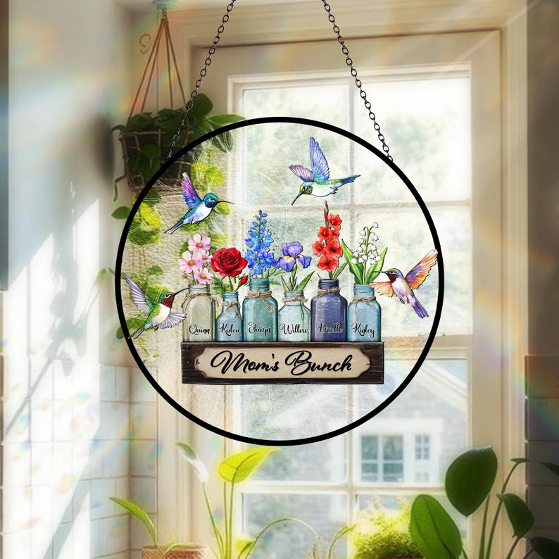 Personalized Mother's Day Suncatcher, Custom Birth Flower, Mom s Bunch Gift, Mason Jar Window Hanging, Mother's Day Gift, Nana's Blessings