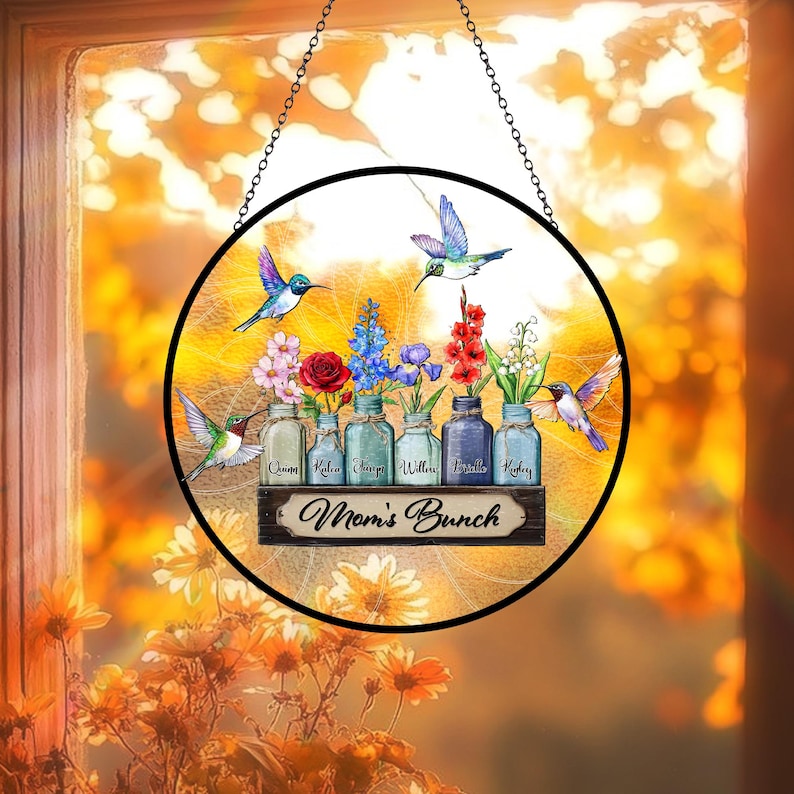 Personalized Mother's Day Suncatcher, Custom Birth Flower, Mom s Bunch Gift, Mason Jar Window Hanging, Mother's Day Gift, Nana's Blessings