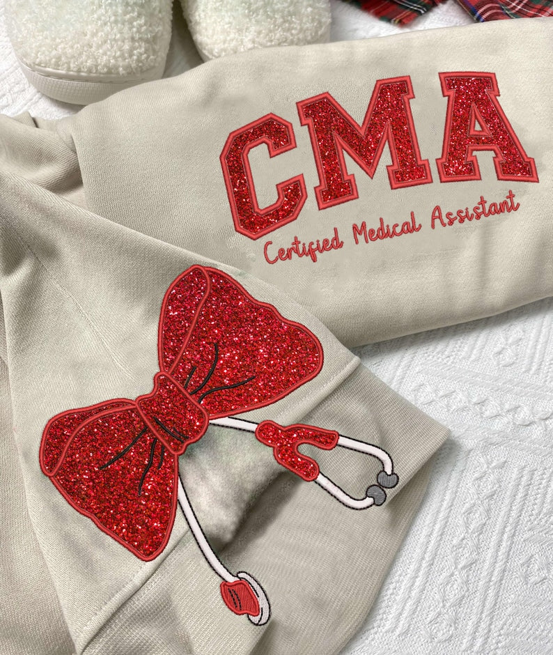 Embroidered CMA Medical Assistant Sweatshirt, Glitter Stethoscope, Nurse Coquette Bow Side, Med Assistant, Certified Medical Assistant Shirt il_794xN.6725437641_g4pc.jpg