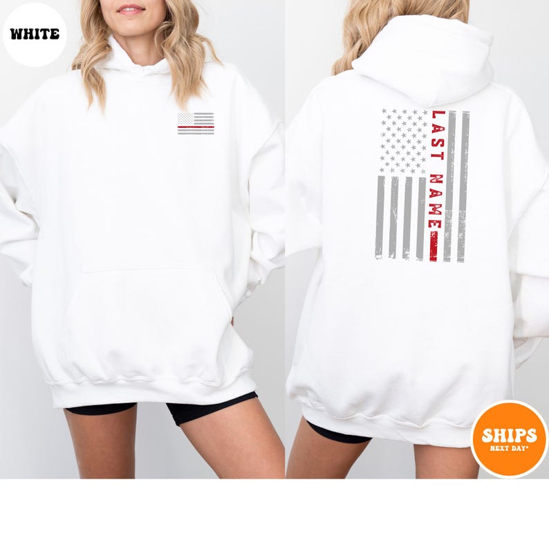 Custom Last Name Firefighter T-shirt | Thin Red Vertical Line Flag | Personalized Firefighter Shirt | Custom Fireman Gift | Comfort Colors