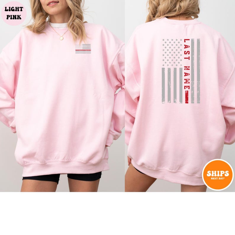 Custom Last Name Firefighter T-shirt | Thin Red Vertical Line Flag | Personalized Firefighter Shirt | Custom Fireman Gift | Comfort Colors