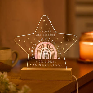 Personalised Christening Night Light Gift for Baby Boy Girl Son Daughter Nephew Niece with Name Date Church Keepsake Star LED Lamp Rainbow