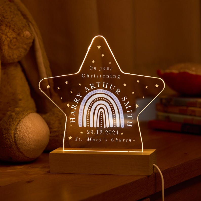 Personalised Christening Night Light Gift for Baby Boy Girl Son Daughter Nephew Niece with Name Date Church Keepsake Star LED Lamp Rainbow