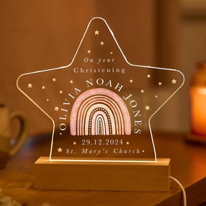 Personalised Christening Night Light Gift for Baby Boy Girl Son Daughter Nephew Niece with Name Date Church Keepsake Star LED Lamp Rainbow