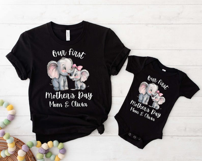 Personalized Mom & Baby Matching Elephant T-Shirts - Custom Names, Our First Mother's Day Gift Idea - Perfect for Mother's Day