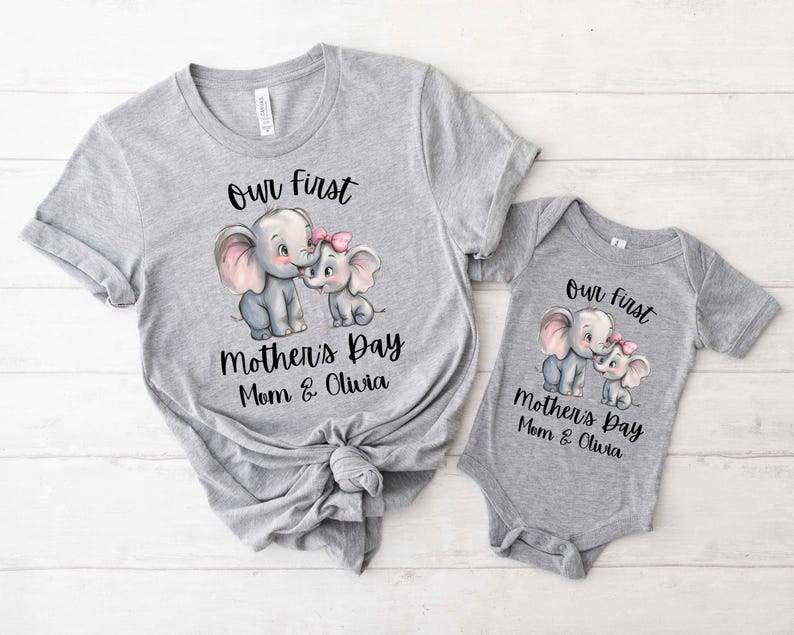 Personalized Mom & Baby Matching Elephant T-Shirts - Custom Names, Our First Mother's Day Gift Idea - Perfect for Mother's Day