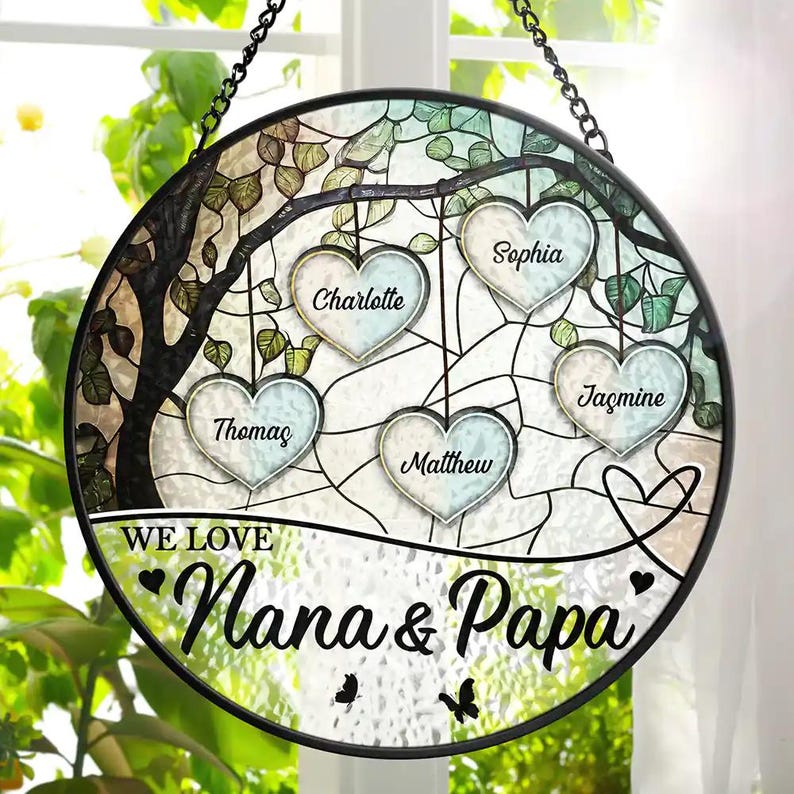 Grandkids Make Life Grand We Love Nana And Papa Personalized Stained Glass Window Hanging Suncatcher, Mother's Day Gift, Birth Flower Gifts