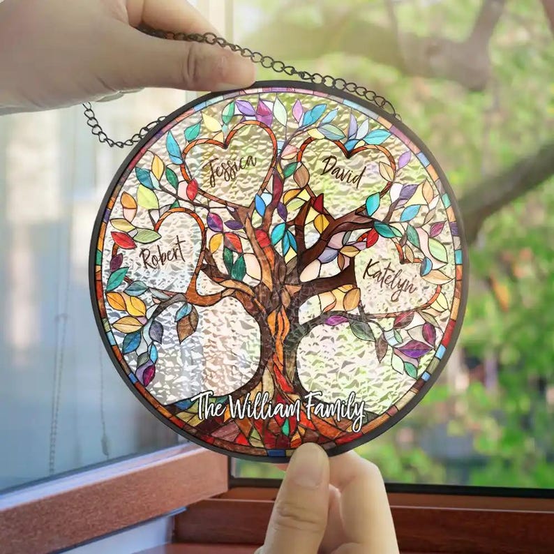 Family Unbreakable Bond Tree Of Life Personalized Stained Glass Window Hanging Suncatcher, Mother's Day Gift, Birth Flower Gifts