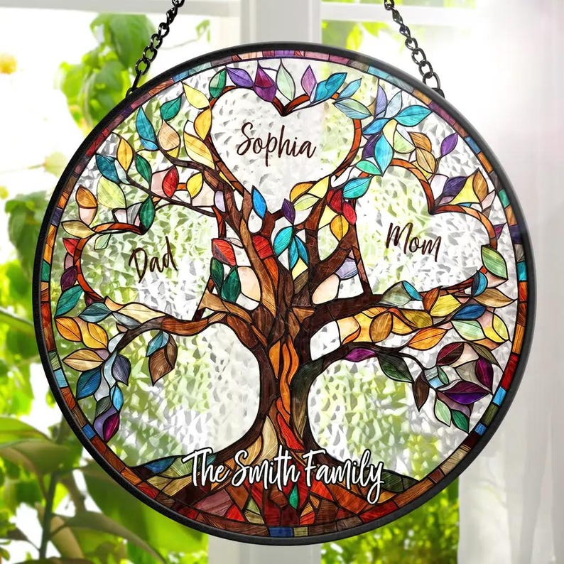Family Unbreakable Bond Tree Of Life Personalized Stained Glass Window Hanging Suncatcher, Mother's Day Gift, Birth Flower Gifts