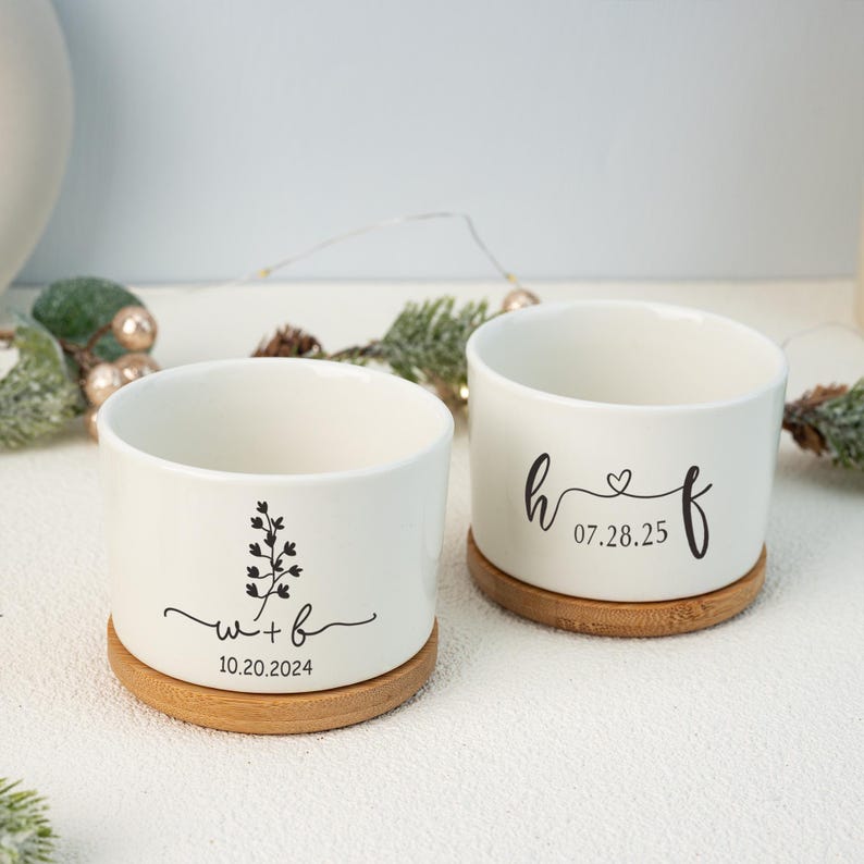 Personalized Ceramic Planter Pot with Bamboo Tray: Engagement Gift Couple Gift Christmas Gift