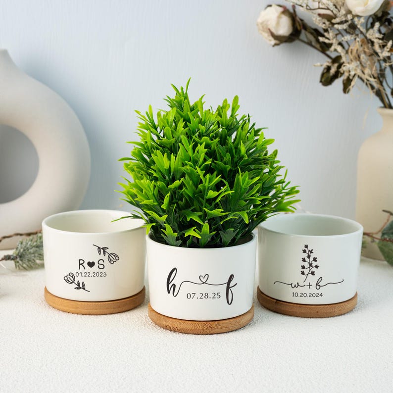Personalized Ceramic Planter Pot with Bamboo Tray: Engagement Gift Couple Gift Christmas Gift