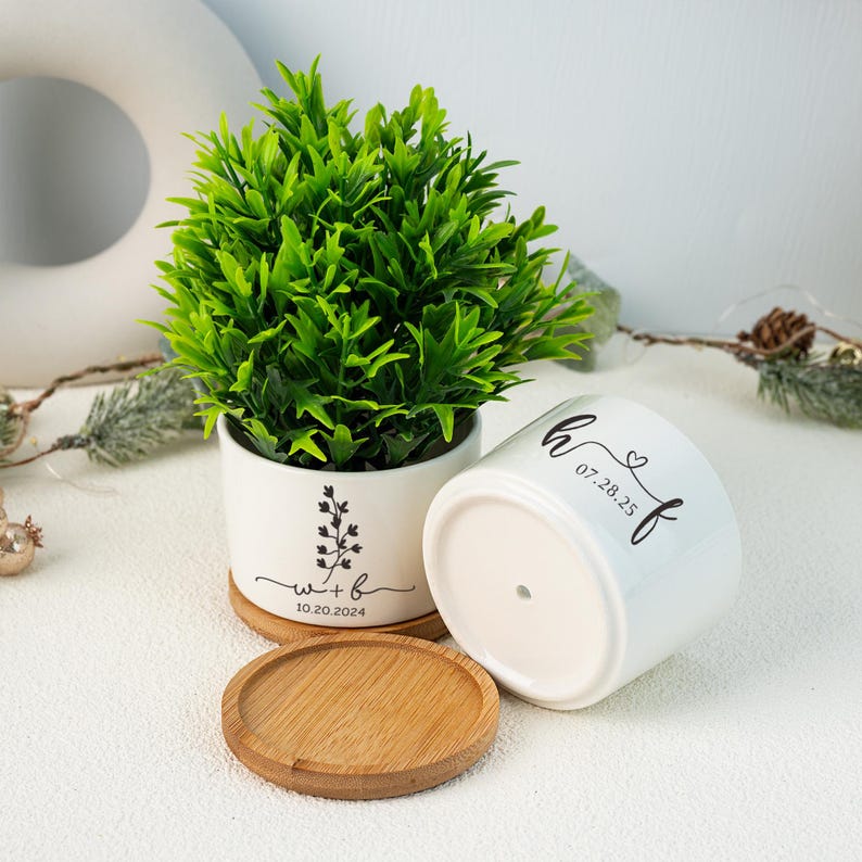 Personalized Ceramic Planter Pot with Bamboo Tray: Engagement Gift Couple Gift Christmas Gift