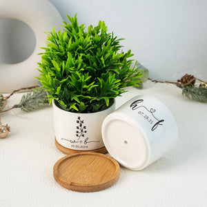 Personalized Ceramic Planter Pot with Bamboo Tray: Engagement Gift Couple Gift Christmas Gift