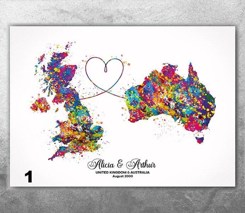 Personalised Map Print Watercolor Print Any Two Maps Moving Abroad Present Distance Gifts Country to Country Customized Wall Art