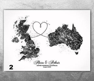 Personalised Map Print Watercolor Print Any Two Maps Moving Abroad Present Distance Gifts Country to Country Customized Wall Art