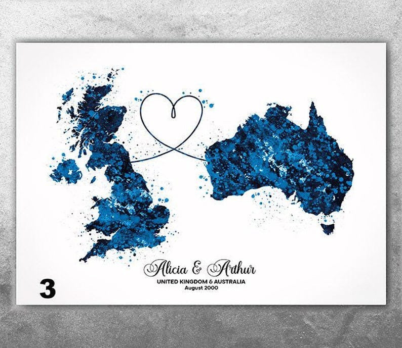 Personalised Map Print Watercolor Print Any Two Maps Moving Abroad Present Distance Gifts Country to Country Customized Wall Art