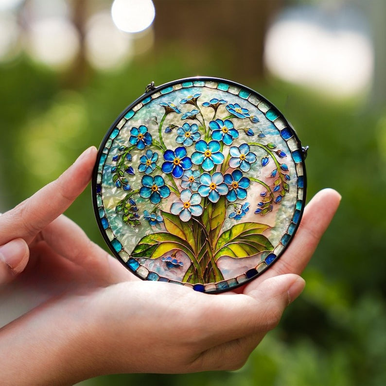 Personalized Forget Me Not Botanical Stained Glass Suncatcher, Memorial Sympathy Window Hanging Decor, Mothers Day Present For Mom, Grandma