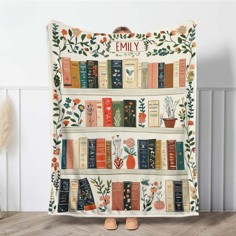 Custom Name Vintage Bookshelf Blanket, Boho Wildflowers Library Bookish Quilt, Cottagecore Flower Book Gift,Retro Book Lover Gift For Reader