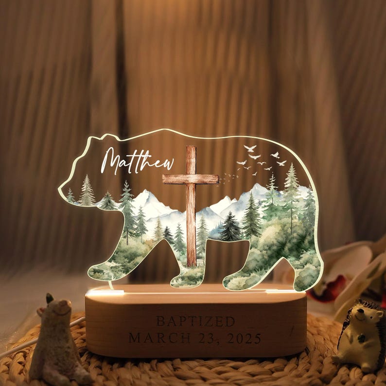 Personalized Baptism Gift For Boys, Custom Kids Name Bear Night Light, Gift For Godson, New Baby Boy Gift, Christening Gift, Dedicated Gift