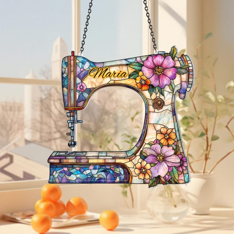 Sewing Machine Suncatcher Ornament,Wild Flower Sewing Machine Acrylic Window Decor,Tailor Shop Decor,Sewing Ornament,Gift for Sewing Lover