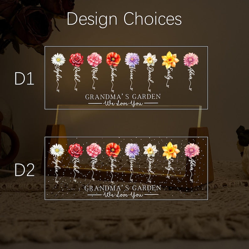 Custom Grandma's Garden Birth Month Flowers Night Light, Acrylic LED Light, Mother Lamp, Grandma Gift from Grandkids, Mother's Day Gift