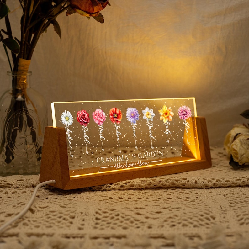 Custom Grandma's Garden Birth Month Flowers Night Light, Acrylic LED Light, Mother Lamp, Grandma Gift from Grandkids, Mother's Day Gift