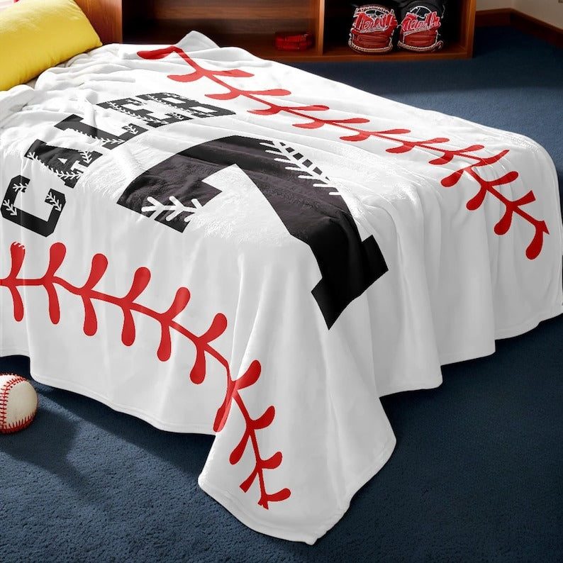 Baseball Pattern Stripe Custom Name Blanket, Personalized Sports Blanket Throw with Name and Number, Gift for Son, Daughter, Grandkids
