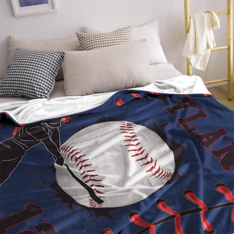 Baseball Pattern Stripe Custom Name Blanket, Personalized Sports Blanket Throw with Name and Number, Gift for Son, Daughter, Grandkids