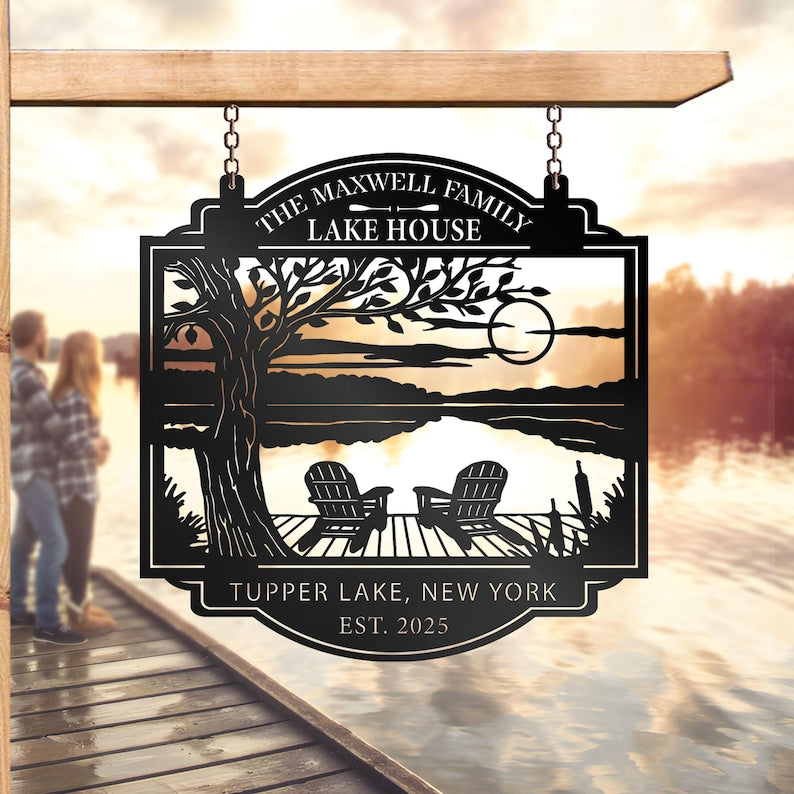 Personalized Lake House Metal Sign Outdoor Decor, Forest Lake Sign Custom Lake House Name Sign, Camping, Lake House Decor, Front Porch Decor
