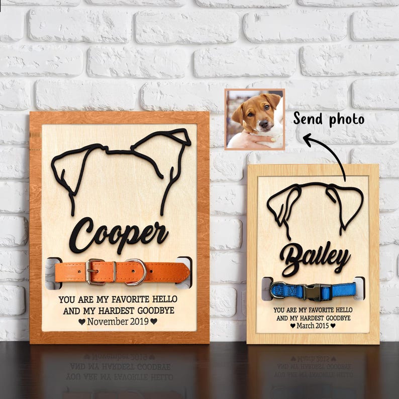 Custom Dog Ear Memorial frame Sign from Photo, Memorial Pet Collar Holder, Dog Memorial Wood Frame With Collar Holder, Dog Ear Outline