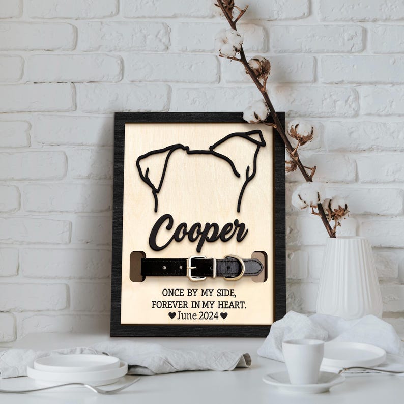 Custom Dog Ear Memorial frame Sign from Photo, Memorial Pet Collar Holder, Dog Memorial Wood Frame With Collar Holder, Dog Ear Outline