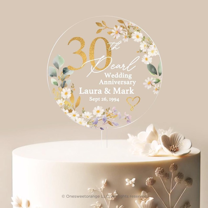 Pearl Anniversary Cake Topper 30th Anniversary Cake Topper Round Personalized Custom Anniversary Cake Topper 30th Anniversary Gift