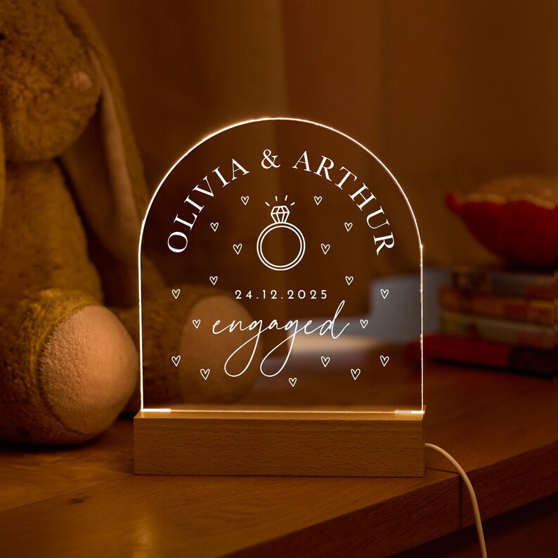 Personalised Engagement Gift LED Light Custom Couple Name Engagement Date Ring Design Fiancé Fiancée Wedding Keepsake Bedroom Decor