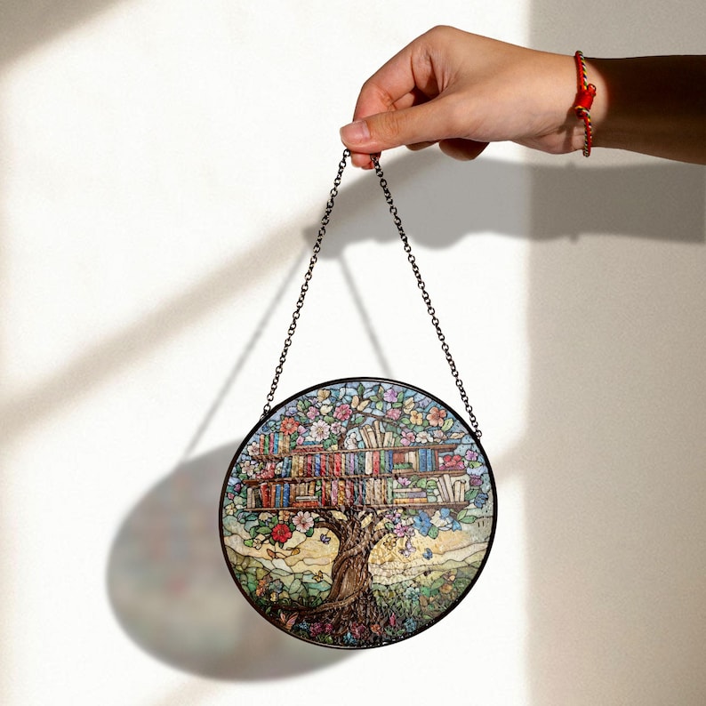 Library Tree Stained Glass Suncatcher, Bookshelf Window Decor, Floral Literary Art, Stained Glass Book Lover Gift, Home Library Ornament