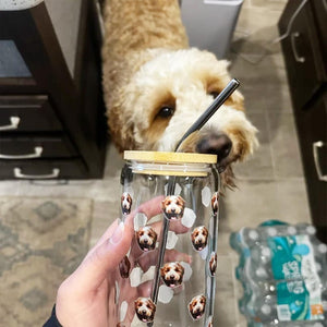 Custom 16oz Pet Photo Can Glass Cup, Personalized Iced Coffee Portrait Mug Christmas Trend Gift for Dog Lover, Boho Cat Cup with Lid &Strawt