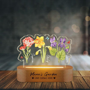 Customized Birthday Flower 3D LED Night Light, Mothers Day Gifts For Grandma, Grandma Garden With Kids Name Gifts, Gift From Grandkids