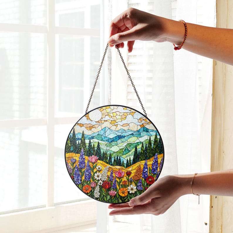 Mountain Wildflower Suncatcher Stained Glass Window Hanging Nature Art Gift for Mom Birthday