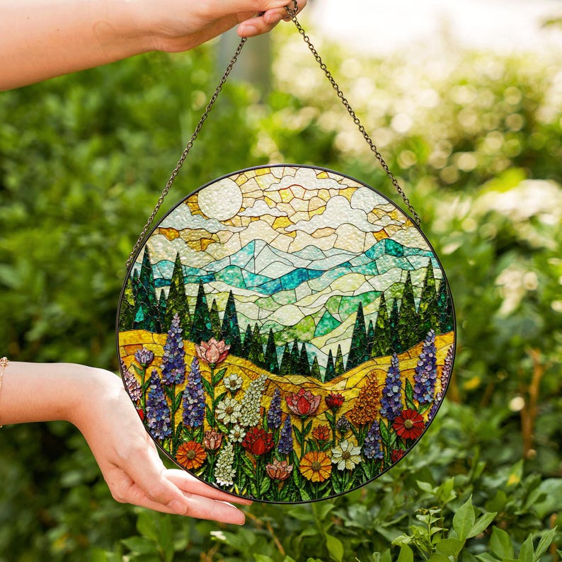 Mountain Wildflower Suncatcher Stained Glass Window Hanging Nature Art Gift for Mom Birthday