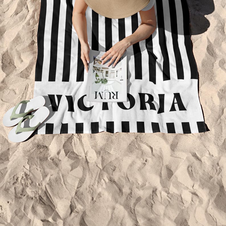 Custom Stripe Beach Towel with Name, Beach Bridal Party Towel, Preppy Girls Pool Towel, Swimming Club Towel, Summer Essentials Vacation