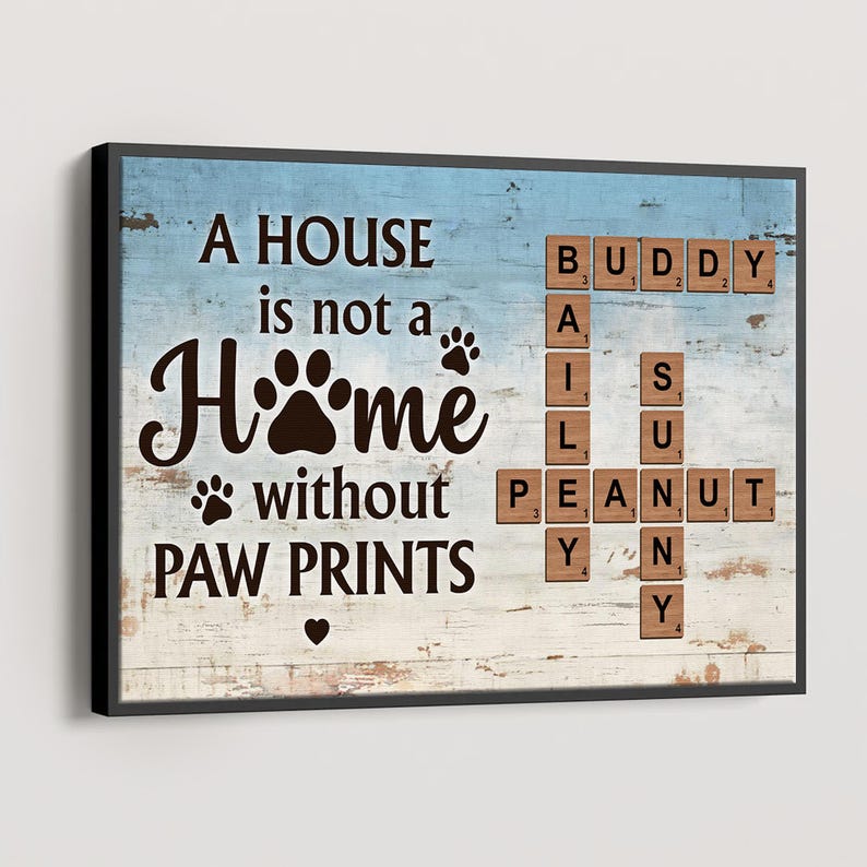 Personalized Crossword Puzzle Canvas, A House is not a Home Without Paw Prints, Family Names Framed Canvas, Gift for Pet Lover, Dog/Cat Gift