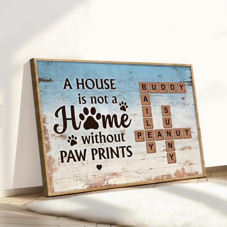 Personalized Crossword Puzzle Canvas, A House is not a Home Without Paw Prints, Family Names Framed Canvas, Gift for Pet Lover, Dog/Cat Gift
