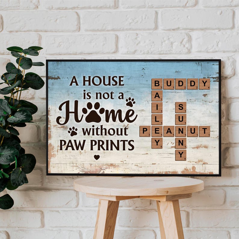 Personalized Crossword Puzzle Canvas, A House is not a Home Without Paw Prints, Family Names Framed Canvas, Gift for Pet Lover, Dog/Cat Gift