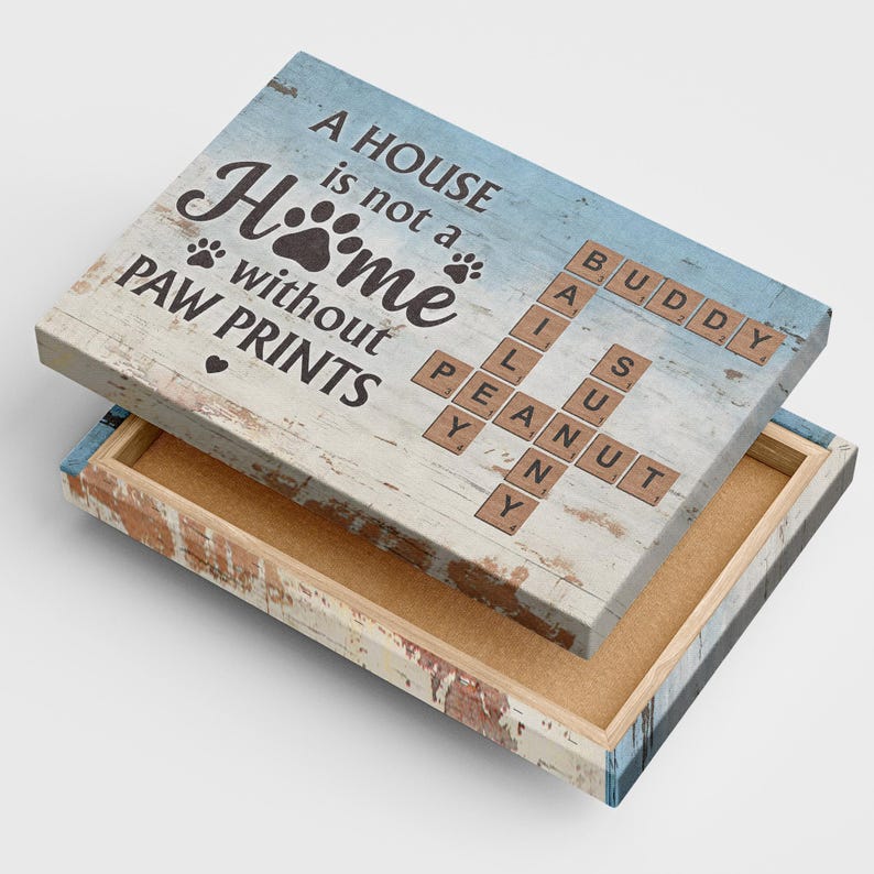 Personalized Crossword Puzzle Canvas, A House is not a Home Without Paw Prints, Family Names Framed Canvas, Gift for Pet Lover, Dog/Cat Gift