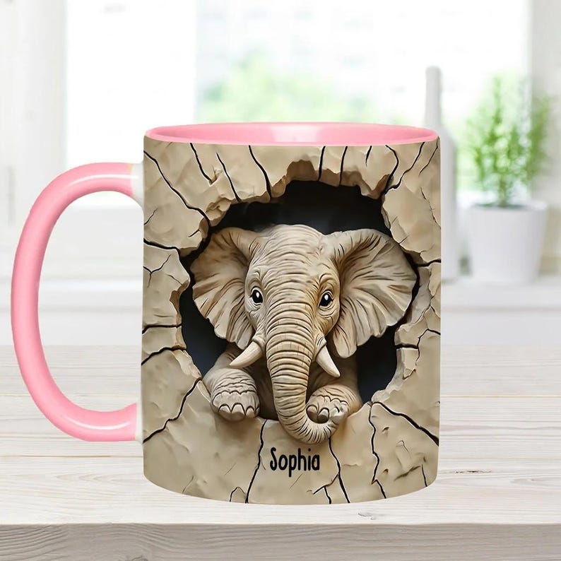 Love Elephant Personalized Elephant Accent Mug, Custom Name Gift for Elephant Lovers, Elephant Coffee Cup, Ceramic Animal Lover Mug