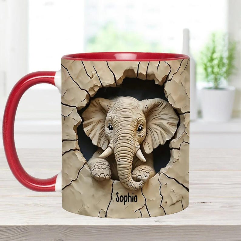 Love Elephant Personalized Elephant Accent Mug, Custom Name Gift for Elephant Lovers, Elephant Coffee Cup, Ceramic Animal Lover Mug