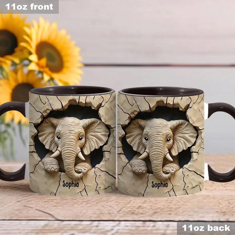 Love Elephant Personalized Elephant Accent Mug, Custom Name Gift for Elephant Lovers, Elephant Coffee Cup, Ceramic Animal Lover Mug