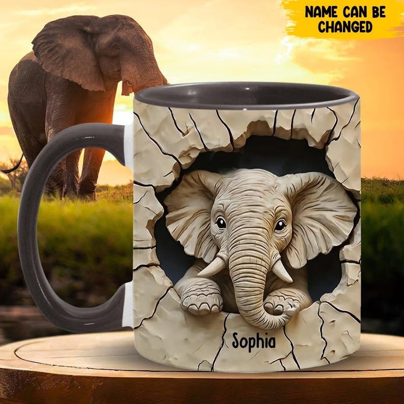 Love Elephant Personalized Elephant Accent Mug, Custom Name Gift for Elephant Lovers, Elephant Coffee Cup, Ceramic Animal Lover Mug
