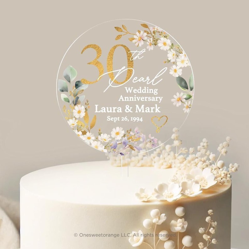 Pearl Anniversary Cake Topper 30th Anniversary Cake Topper Round Personalized Custom Anniversary Cake Topper 30th Anniversary Gift